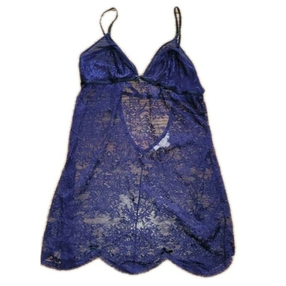 Vintage Victoria's Secret Slip Dress Small Purple Lace Mesh Sheer Babydoll Y2K